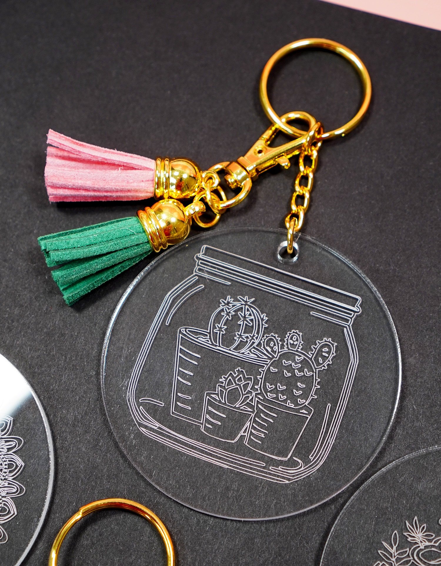 Cactus engraved acrylic keychain made with Cricut Maker Engraving Tool