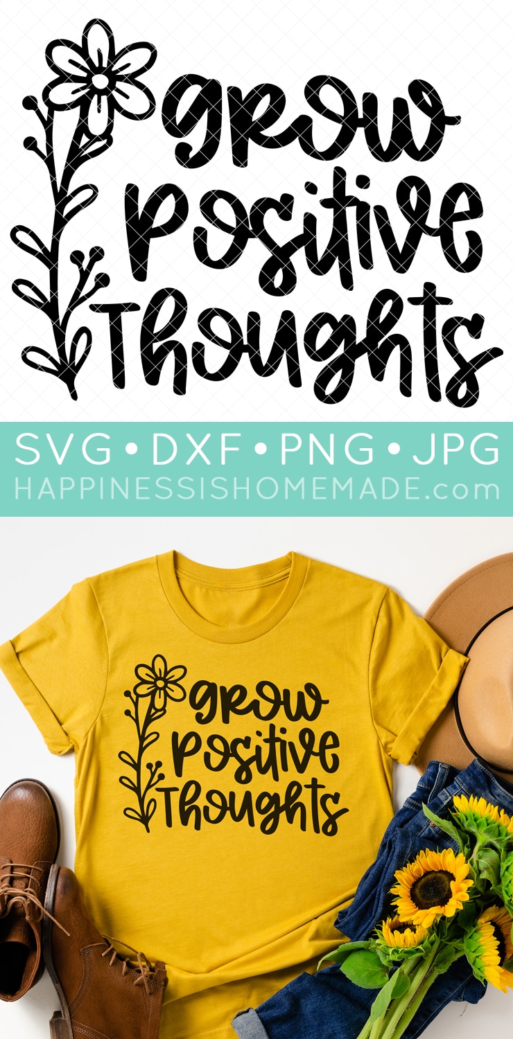 Yellow t-shirt with \"Grow Positive Thoughts\" text image and flower image. 