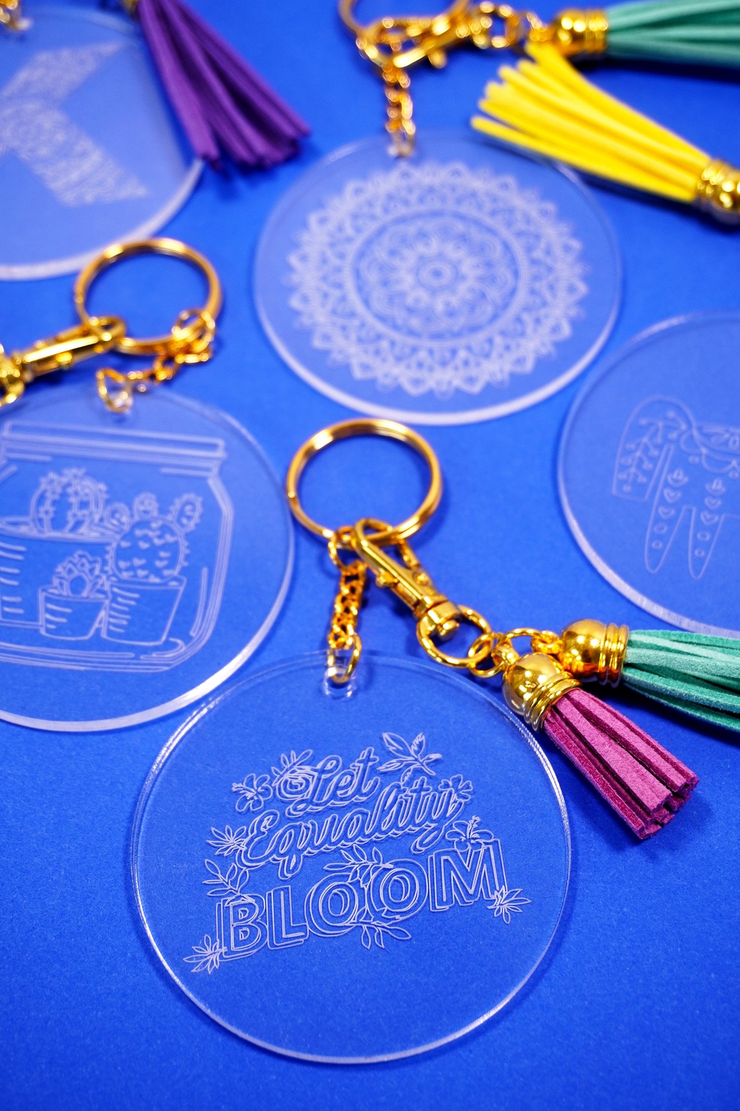 Let Equality Bloom engraved acrylic keychain made with Cricut Maker Engraving Tip