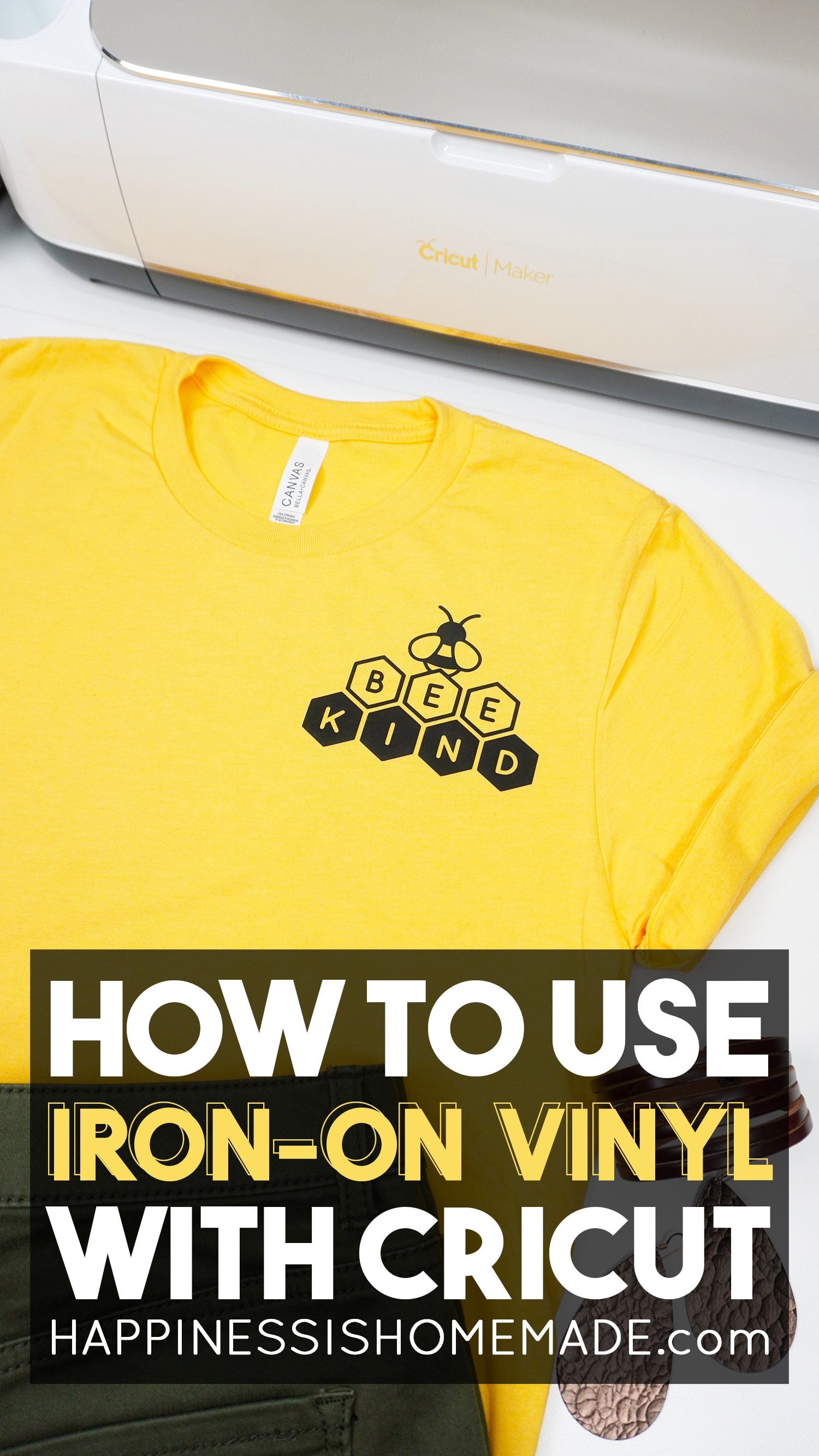 Yellow \"Bee Kind\" shirt with \"How to Use Iron-on Vinyl\" text