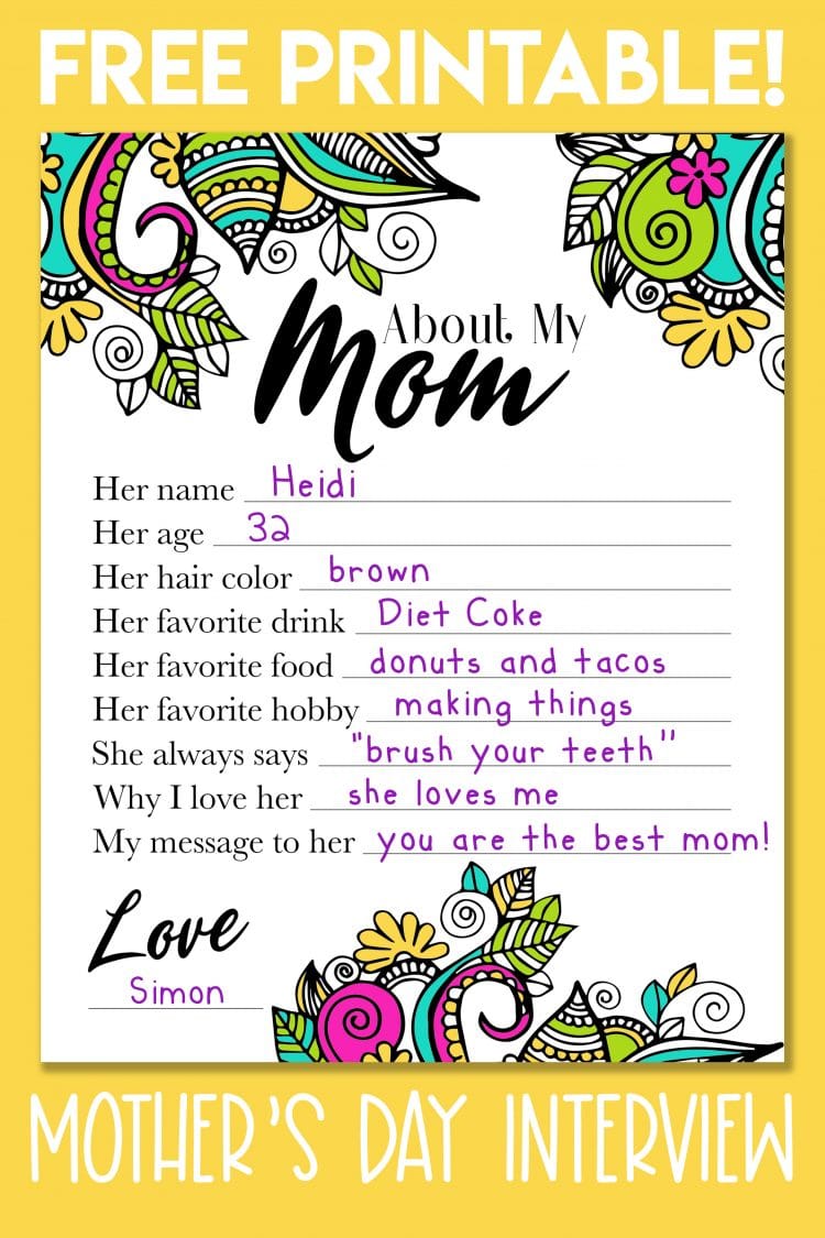 About My Mom Mother\'s Day printable interview questions