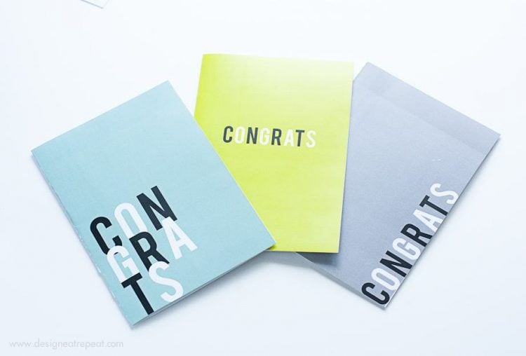 three simple colored grad cards that each read congrats