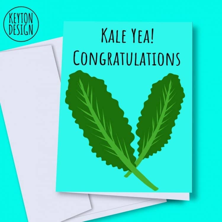 Punny kale graduation card that reads kale yea! congratulations on blue background