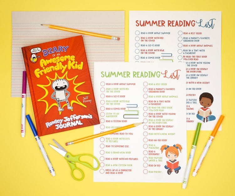 Diary of an Awesome Friendly Kid book and printable summer reading list on a yellow background with pens, pencils, and scissors