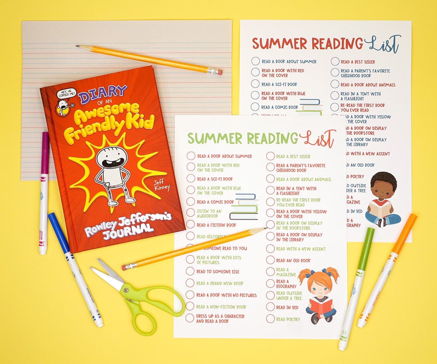 Diary of an Awesome Friendly Kid book and printable summer reading list on a yellow background with pens, pencils, and scissors 