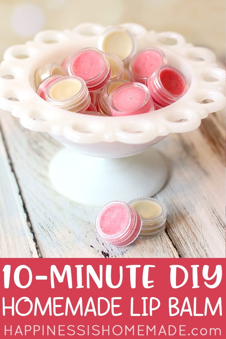 10-Minute DIY Lip Balm Recipe - pink and natural colored lip balm containers in a white vintage bowl