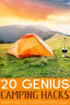 "20 Genius Camping Hacks" text with image of orange tent in grassy field