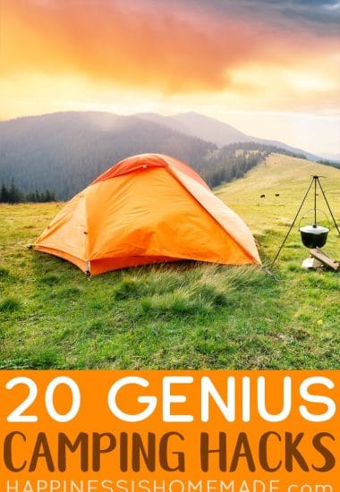 "20 Genius Camping Hacks" text with image of orange tent in grassy field