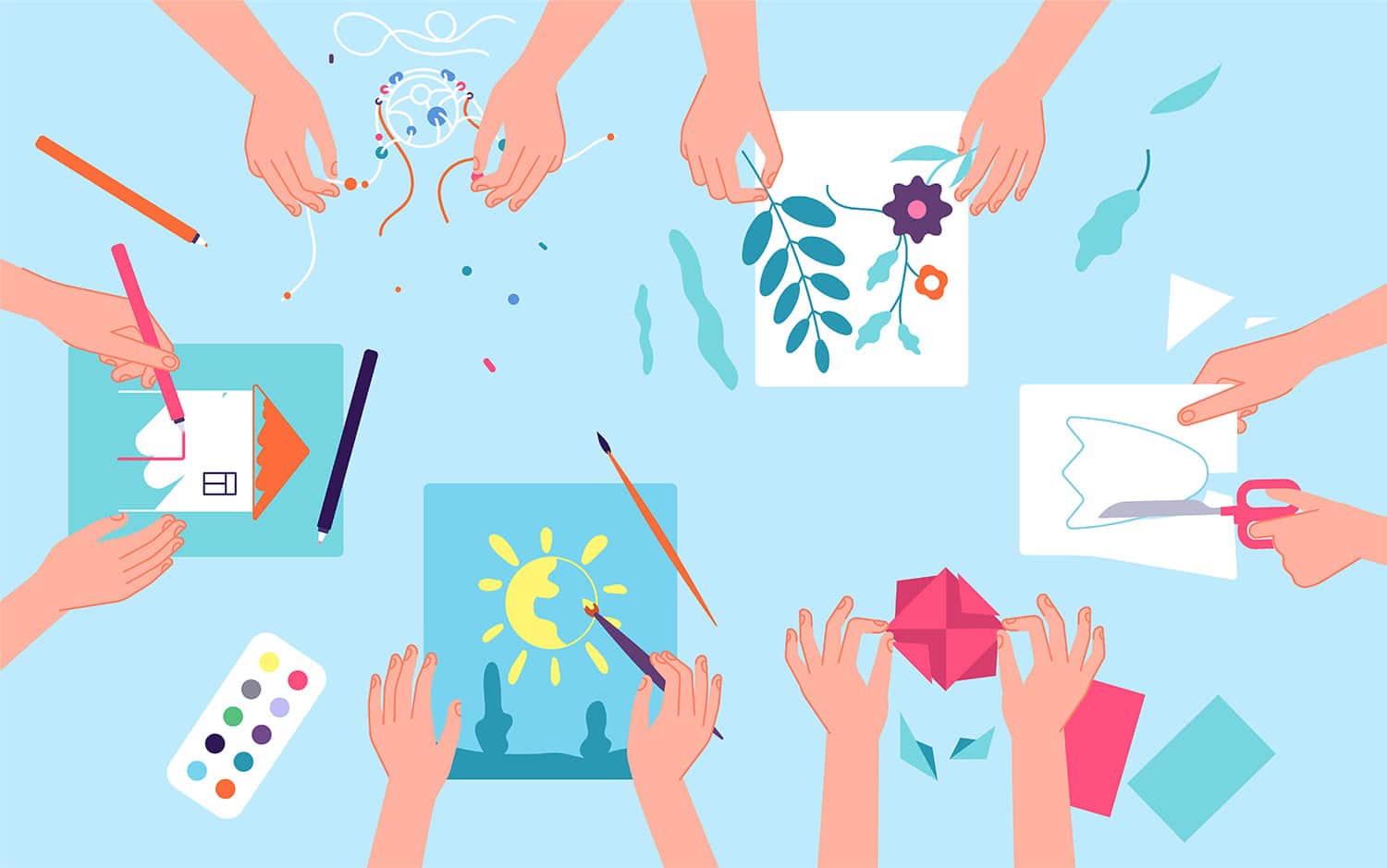 2D graphic of hands doing arts and crafts projects together 