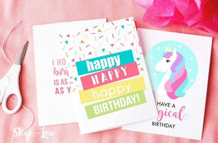 printable girly happy birthday cards with sprinkles and unicorn