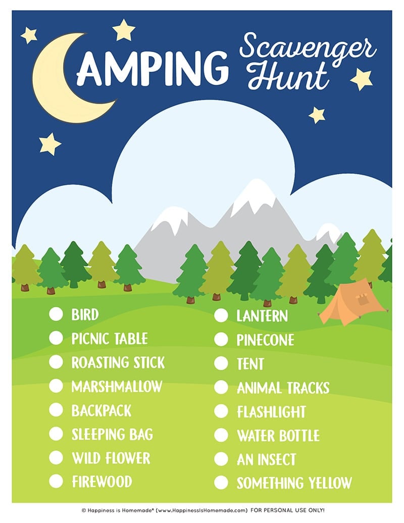 Printable Camping Scavenger Hunt Game with list of items to find
