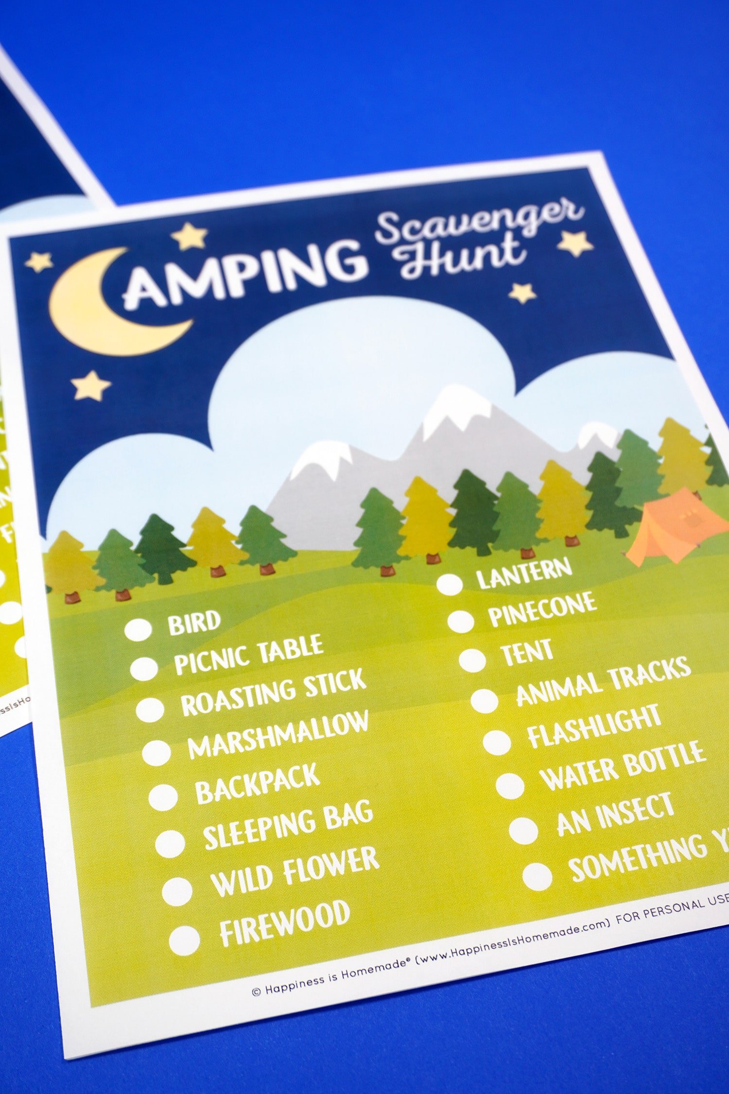 Printable Camping Scavenger Hunt game on blue background