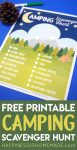 Printable Camping Scavenger Hunt game on blue background with pinecone and green pen