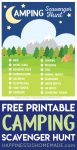 "Free Printable Camping Scavenger Hunt" graphic with text