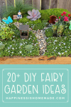 "20+ DIY Fairy Garden Ideas" graphic and photo of fairy garden example