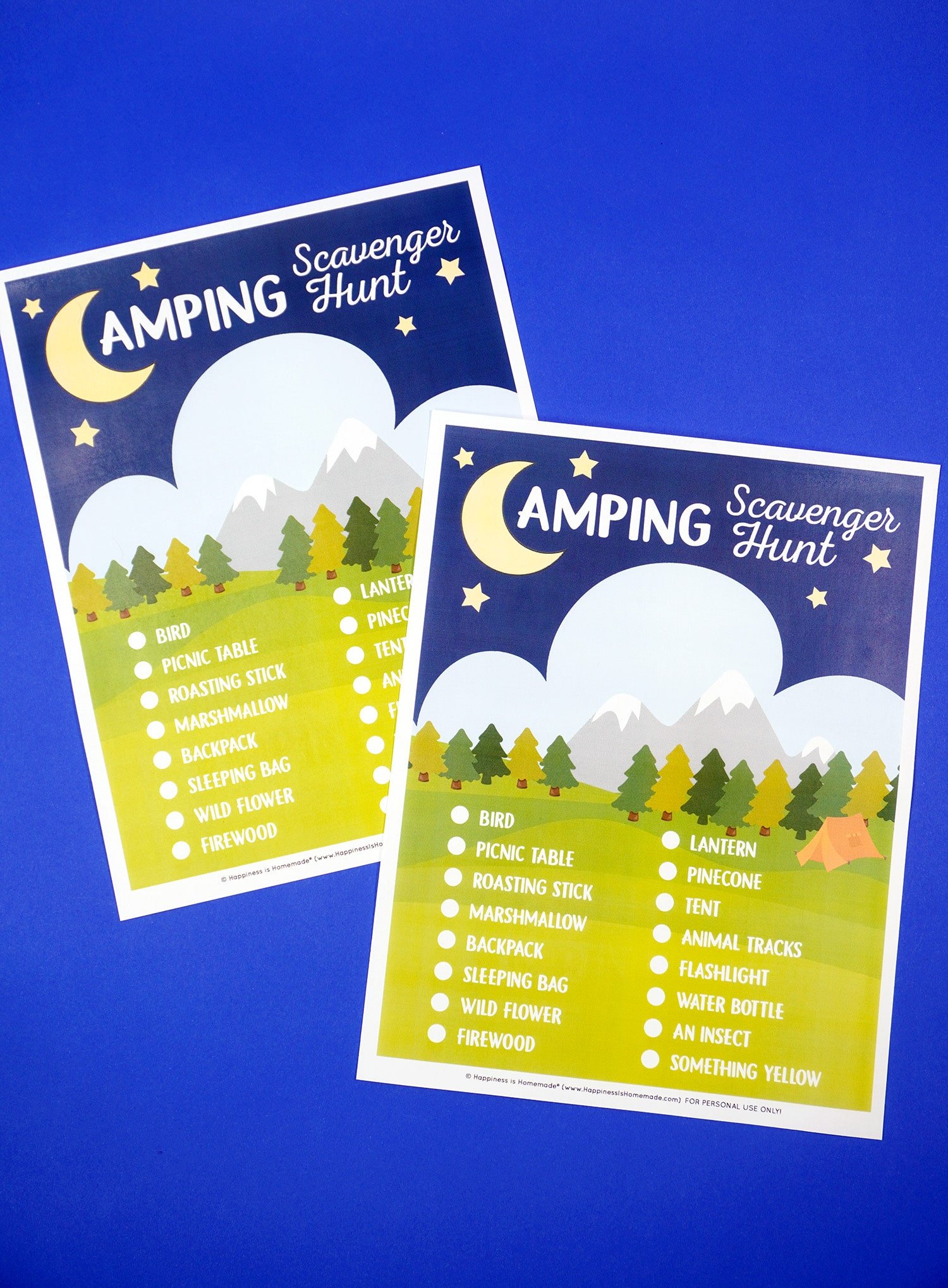 Two printable Camping Scavenger Hunt games on a blue background