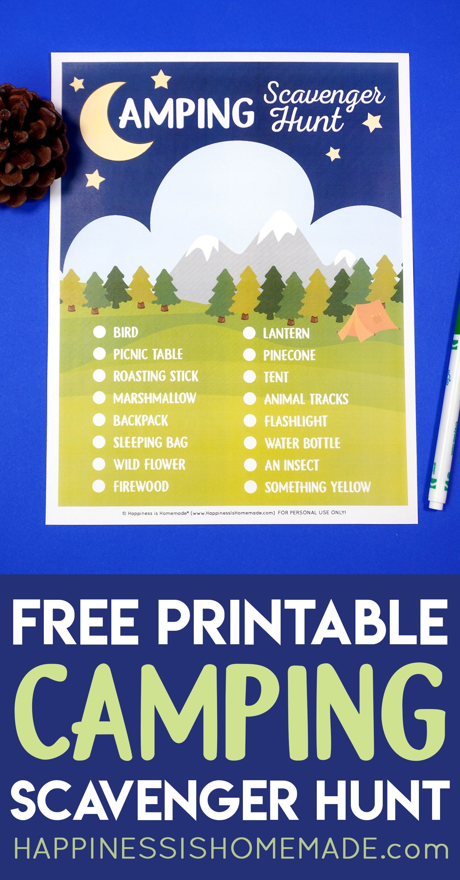 "Free Printable Camping Scavenger Hunt" graphic with printable game, pine cone, and pen