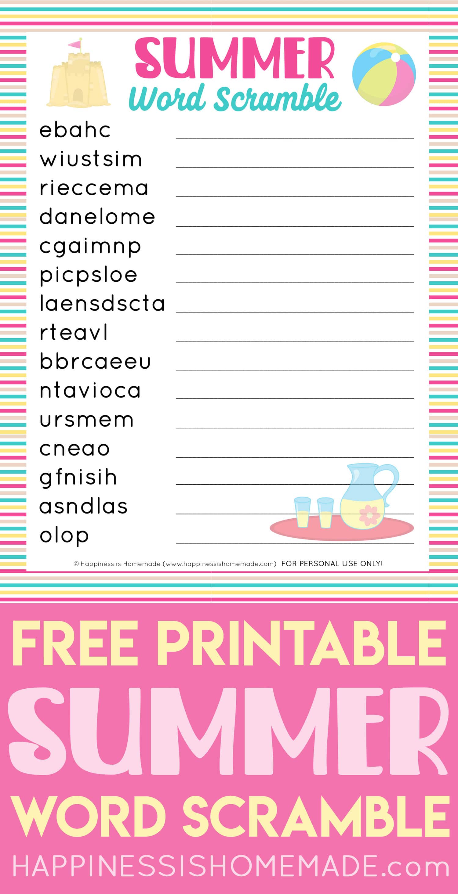 Printable word scramble game for kids and adults.