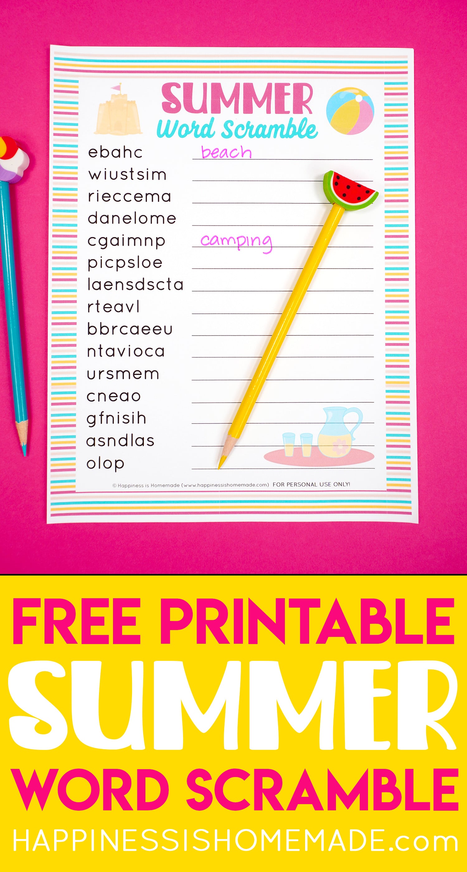 \"Free Printable Summer Word Scramble\"