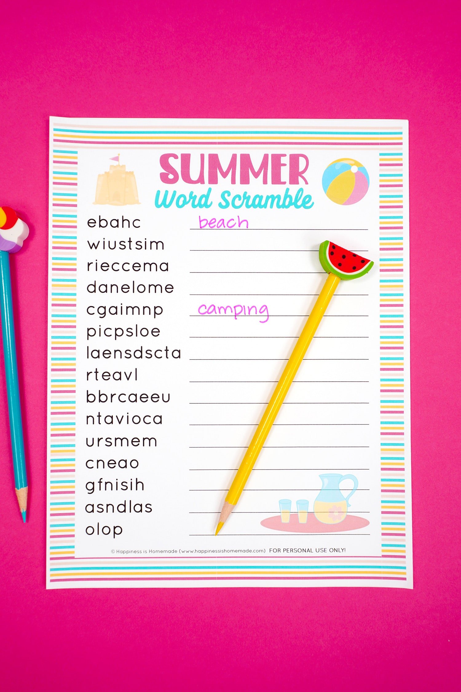 Summer Word Scramble printable on pink background with "beach" and "camping" unscrambled with yellow pencil and watermelon topper