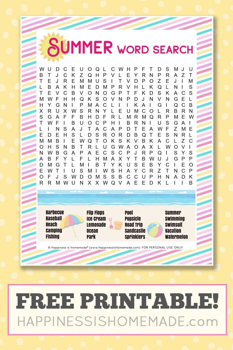 Summer word search with the text, "Free Printable!"