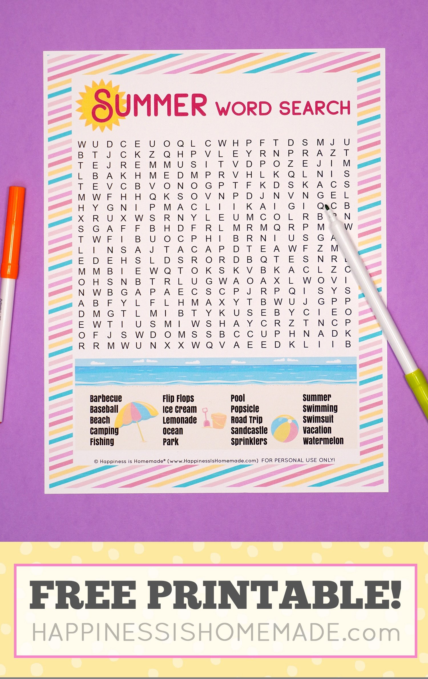 Summer word search with the text, \"Free Printable!\"