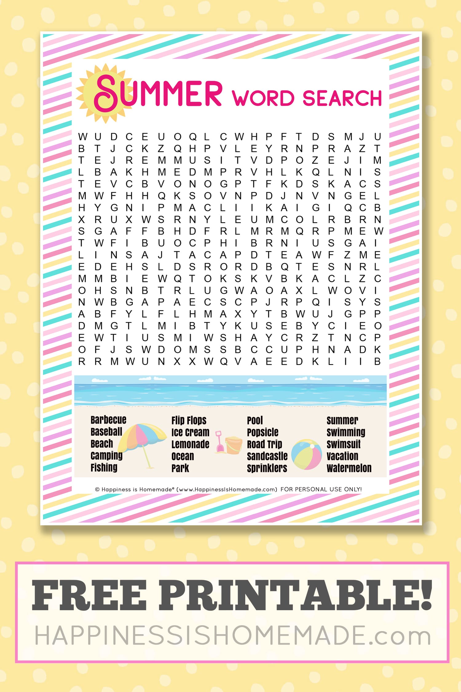 Summer Word Search on yellow background