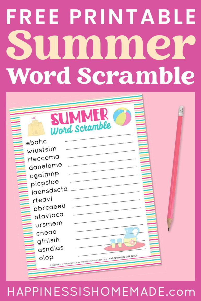 "Free Printable Summer Word Scramble" graphic with text on dark pink background and mockup of free printable game with pink pencil
