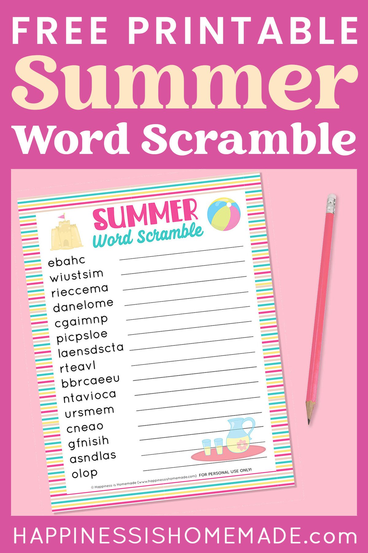 "Free Printable Summer Word Scramble" graphic with text on dark pink background and mockup of free printable game with pink pencil