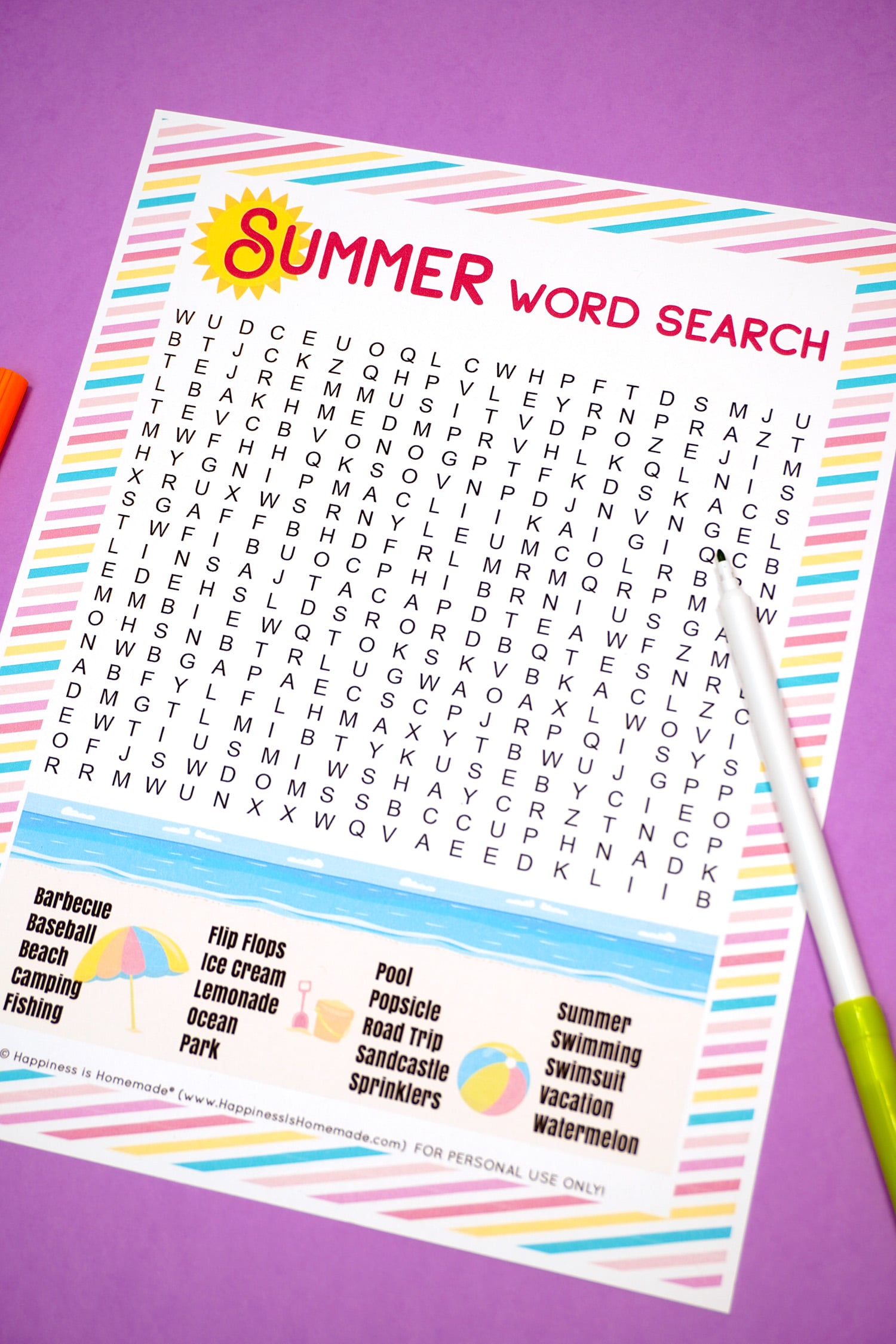 Summer word search on purple background with green marker