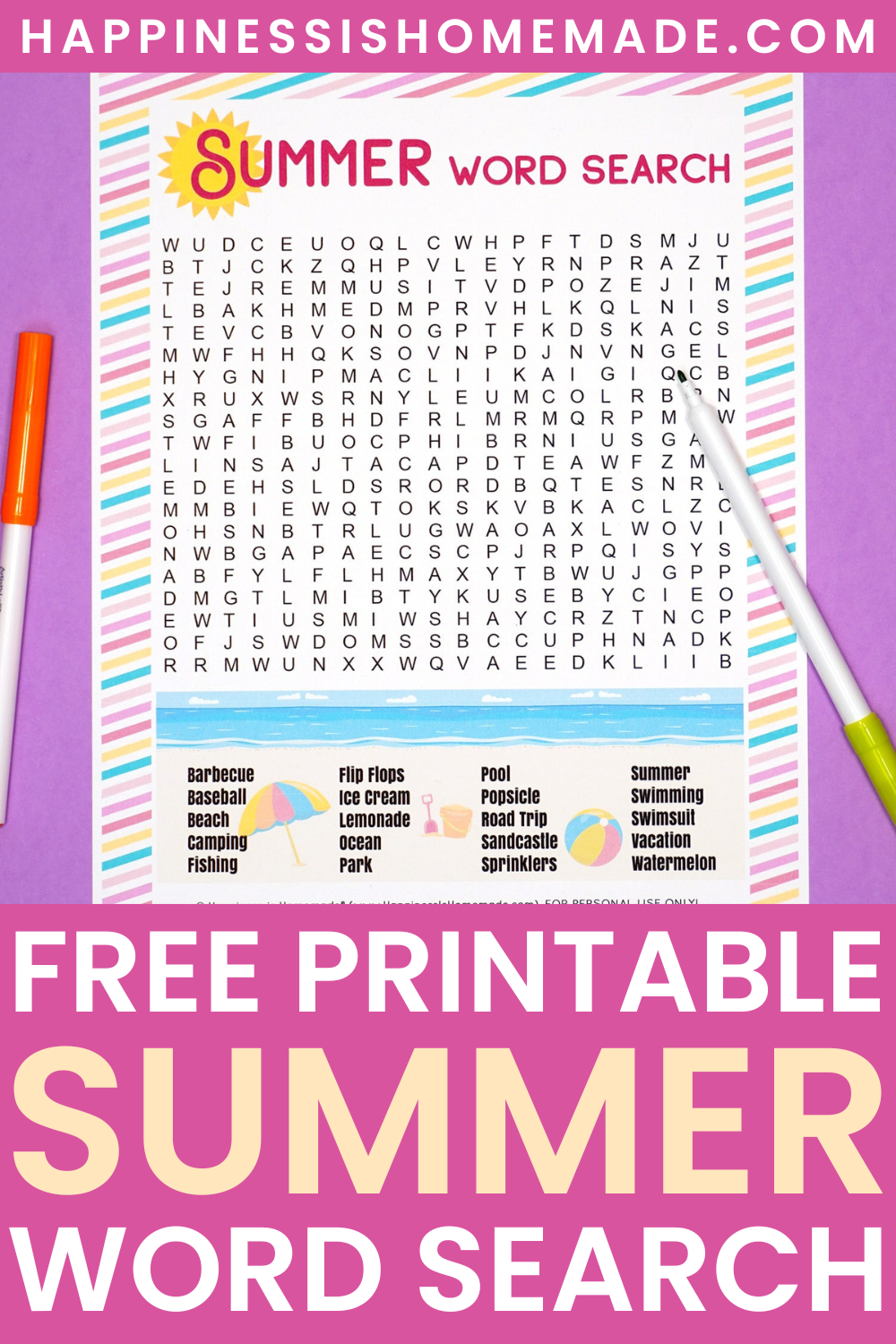 Free printable Summer Word Search