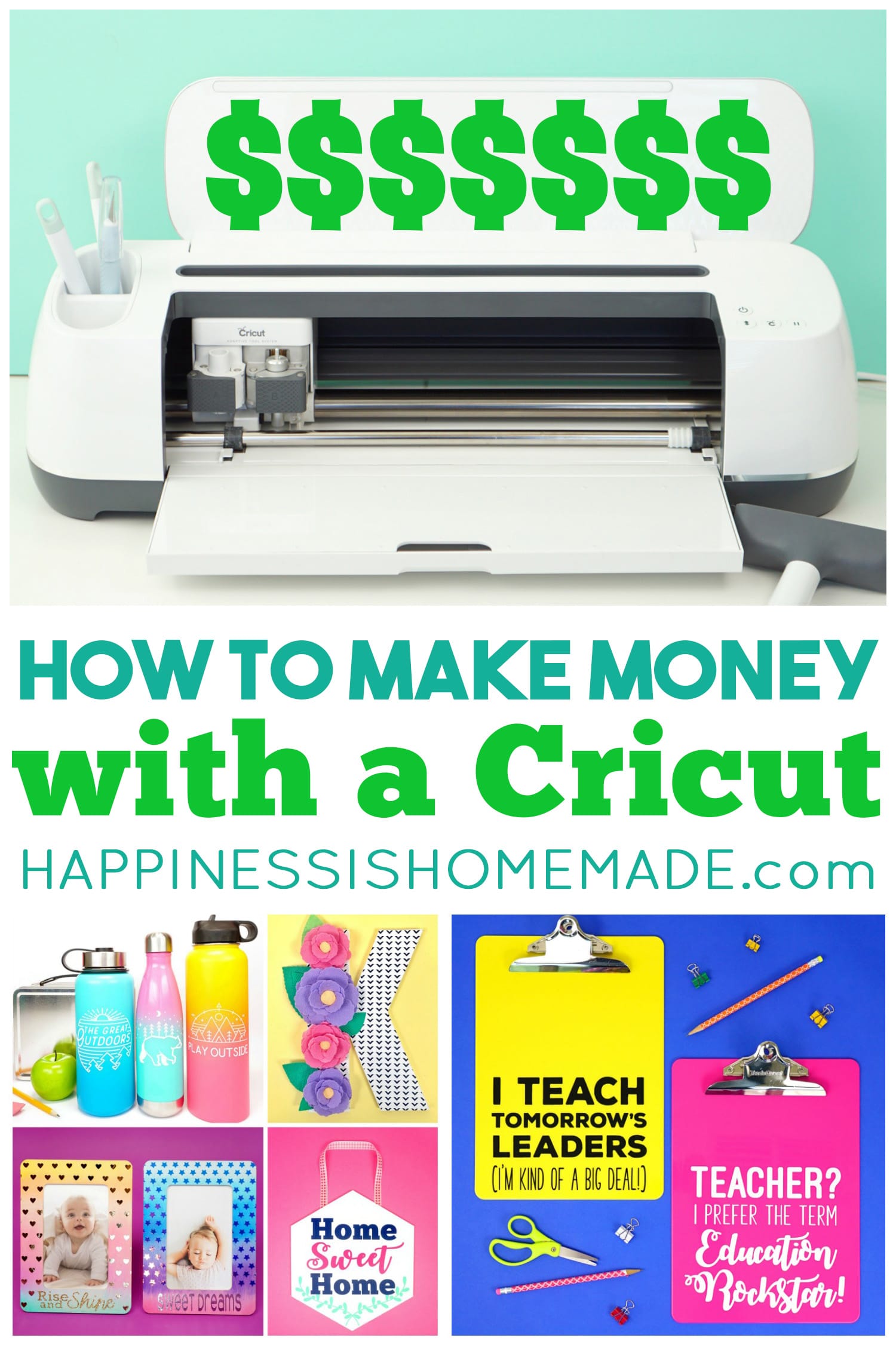 Cricut Maker machine and collage of various projects