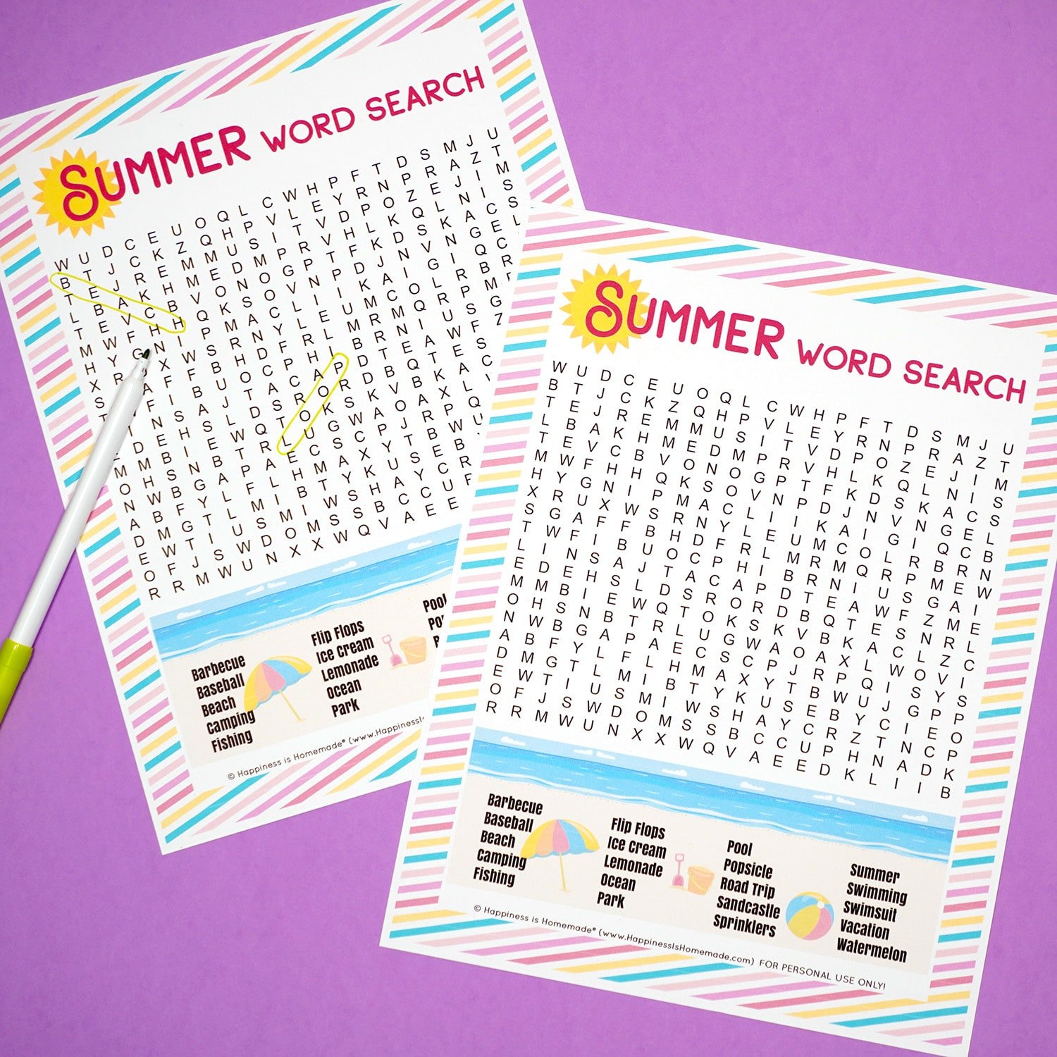 Two Summer Word Search printables on a purple background with green marker