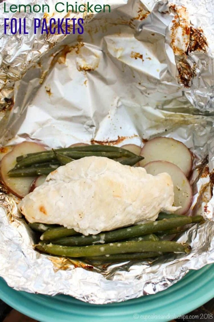 Chicken, green beans, and potatoes on foil sheet