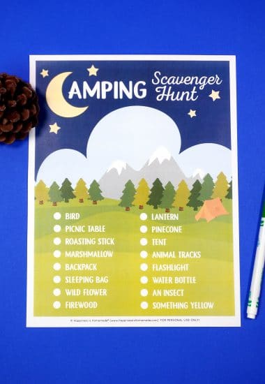 Printable Camping Scavenger Hunt game on blue background with pinecone and green pen