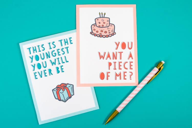 Punny printable happy birthday cards reading you want a piece of me text on card and featuring a piece of cake as the image