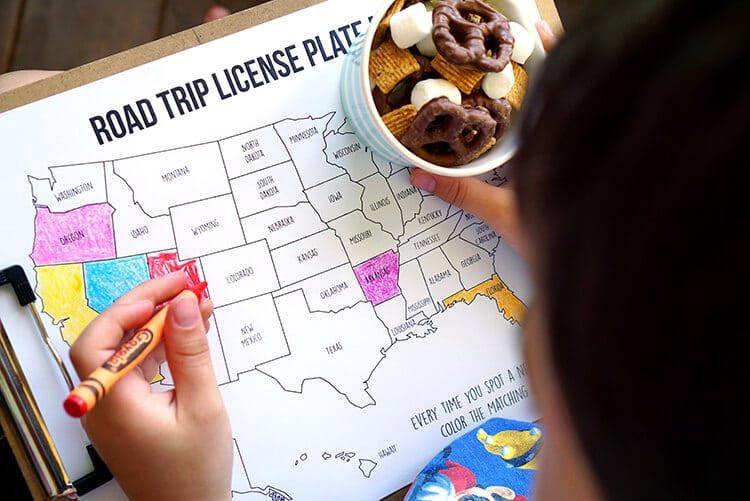 Printable road trip licence plate coloring game with map of the United States.