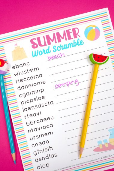 Summer word scramble printable with "camping" and "beach" unscrambled and yellow pencil with watermelon topper