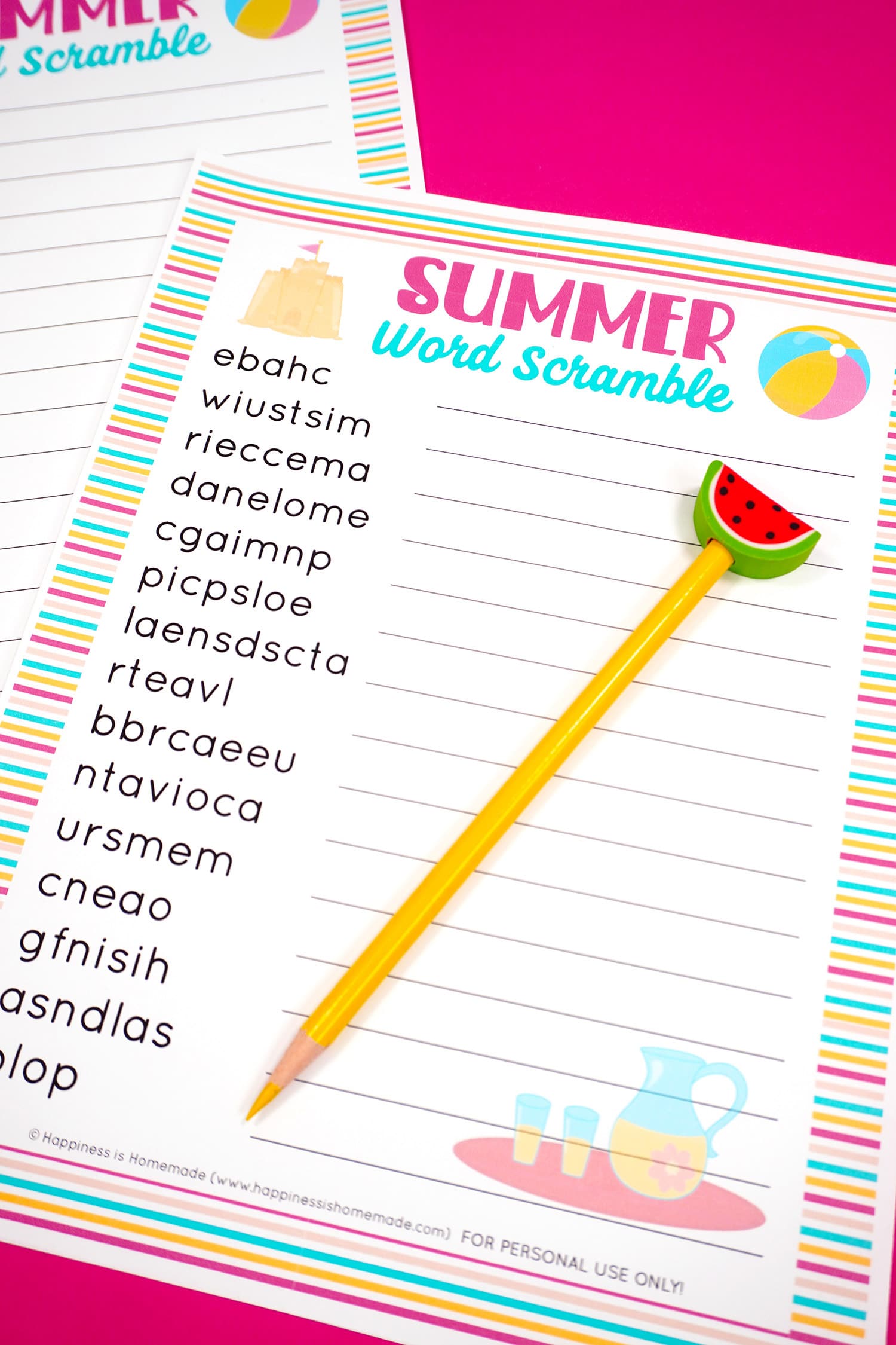 Summer Word Scramble printable game on pink background with yellow pencil with watermelon topper