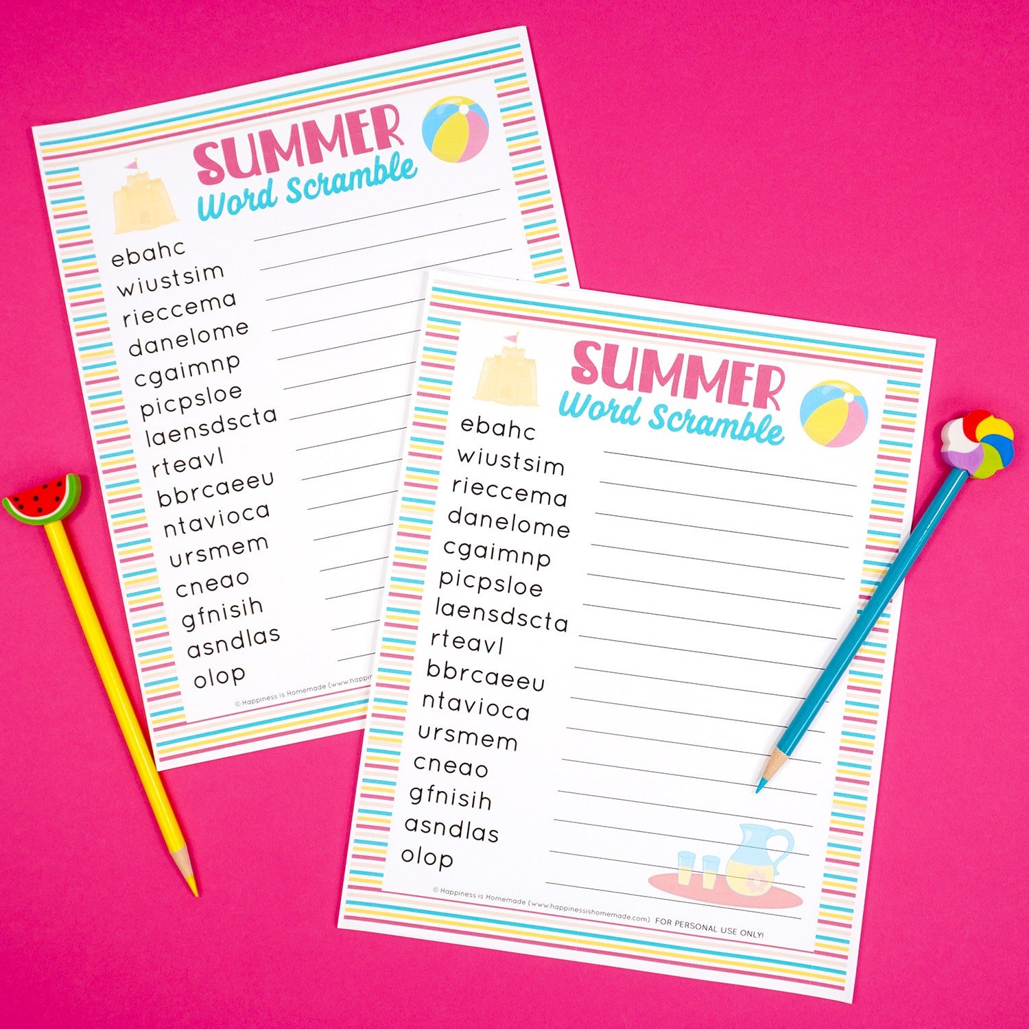 Two printable summer word scramble games on a pink background with yellow watermelon pencil and blue pencil