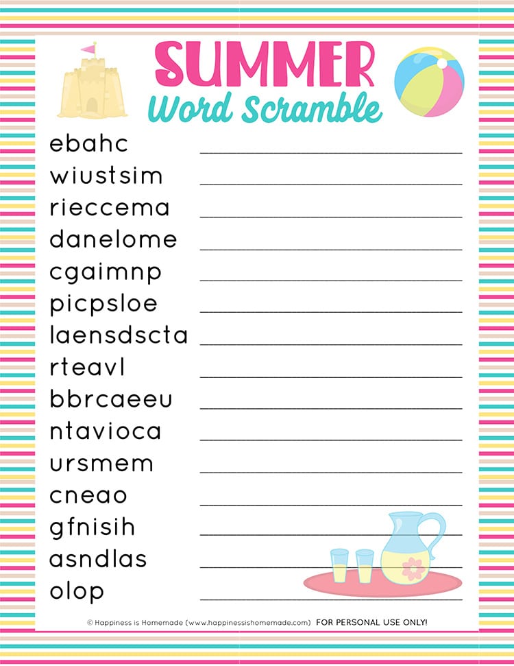 Summer Word Scramble Printable Graphic