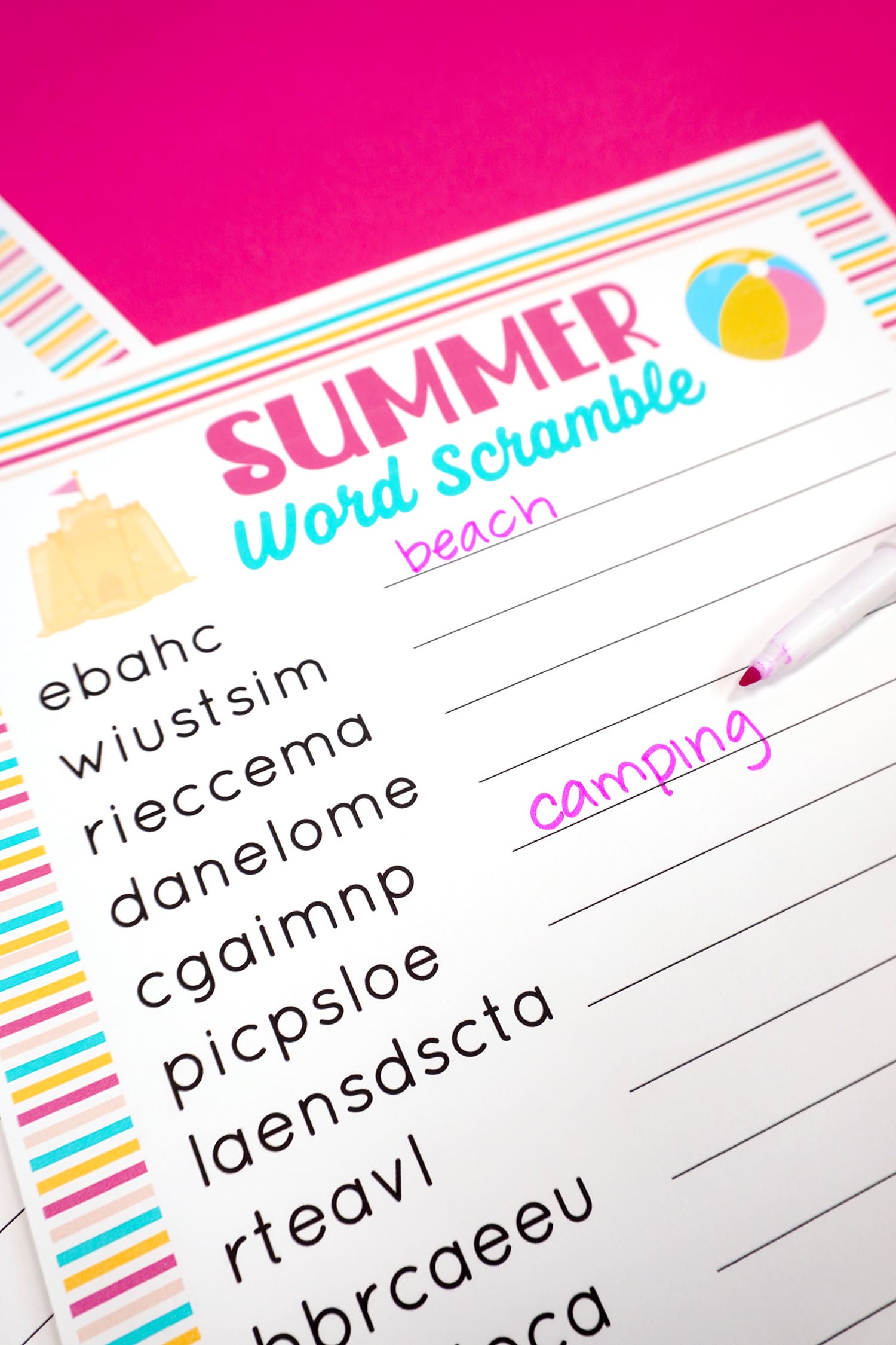 Summer word scramble printable with "beach" and "camping" unscrambled with pink pen