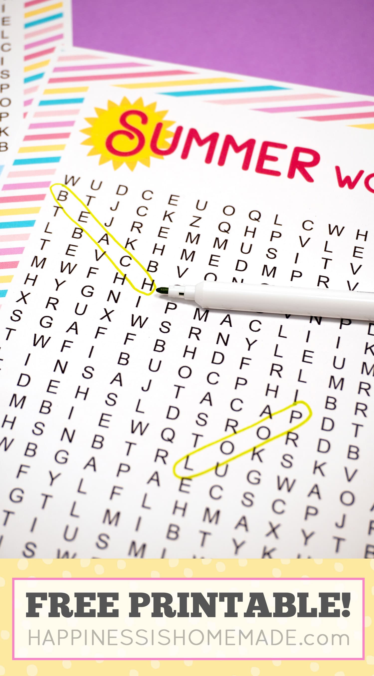 Summer word search with the words \"beach\" and \"loop\" circled in yellow.