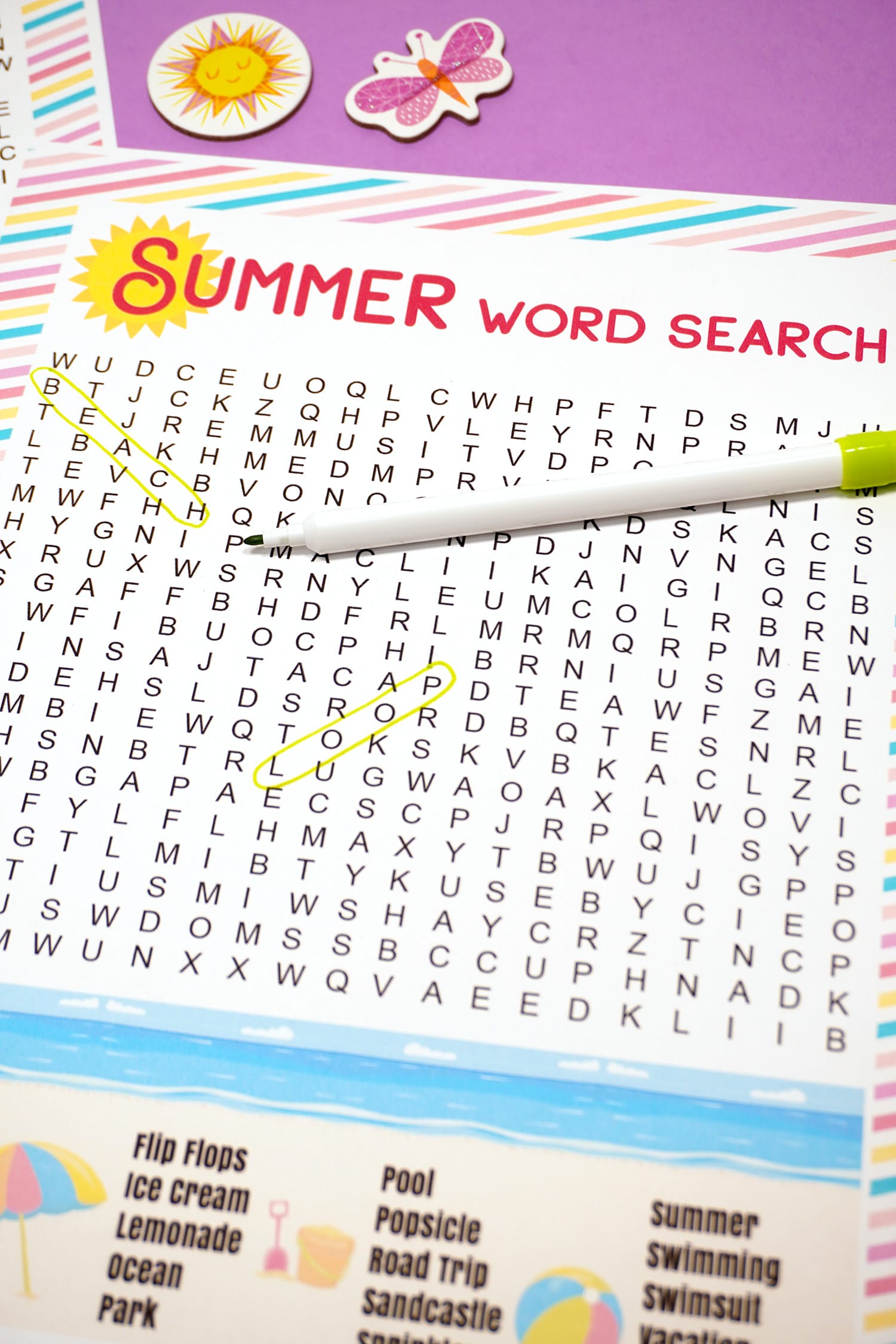 Summer word search printable with "Beach" and "Pool" circled in green marker