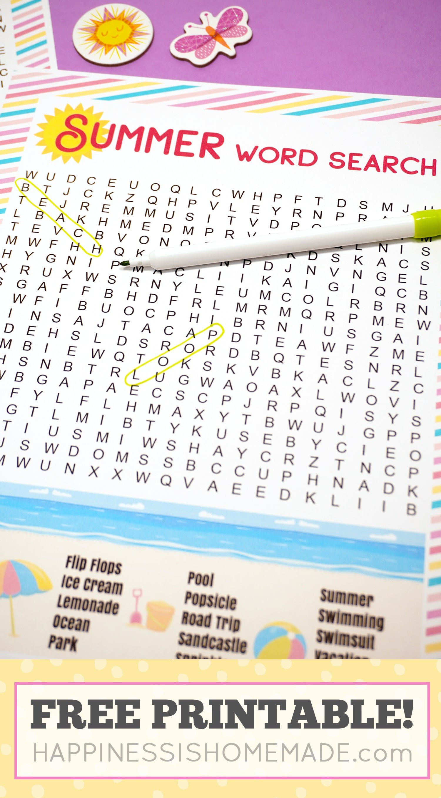 Summer word search with the words \"beach\" and \"loop\" circled in yellow.