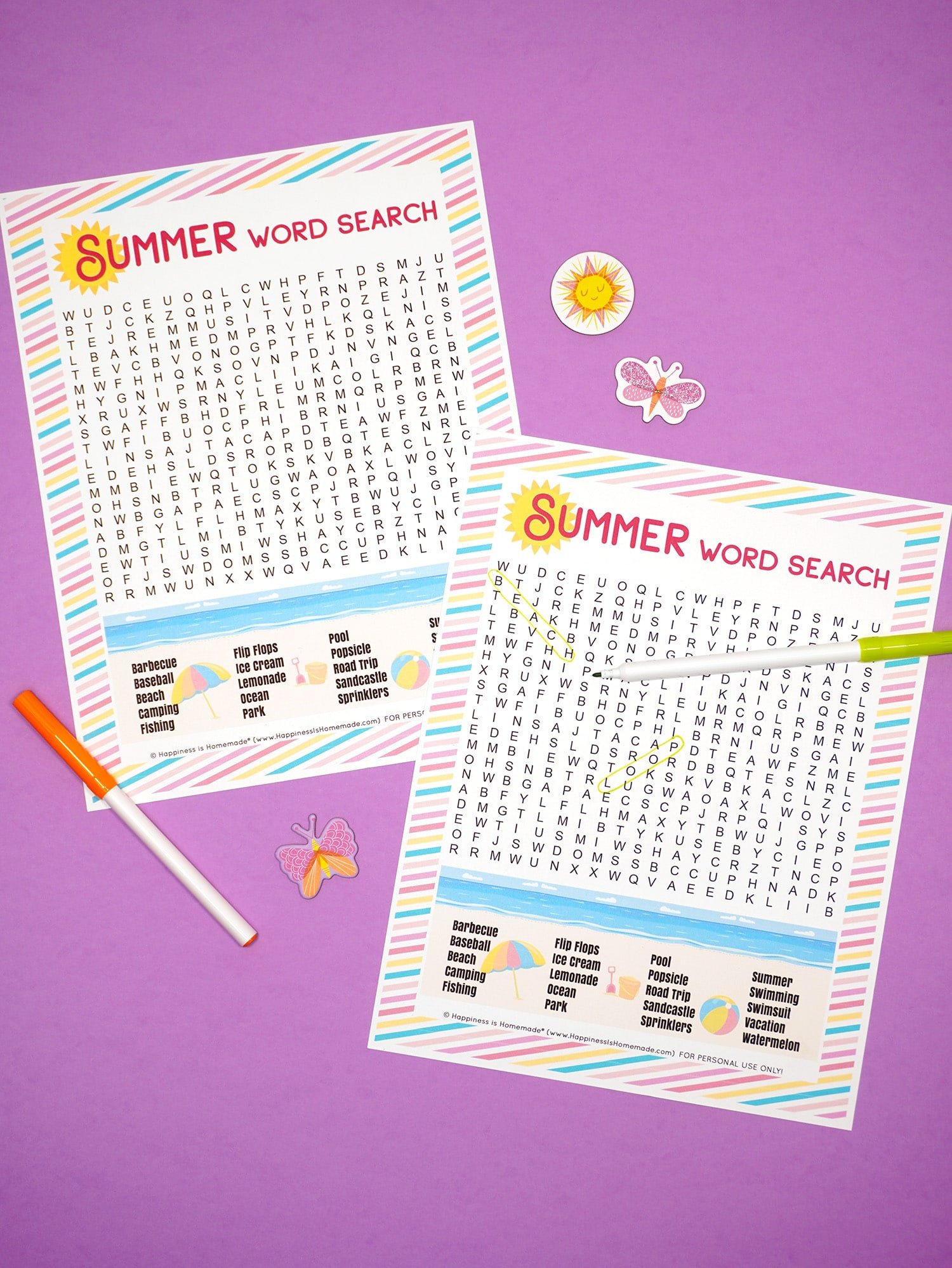 Two Summer Word Searches on a purple background with orange and green markers