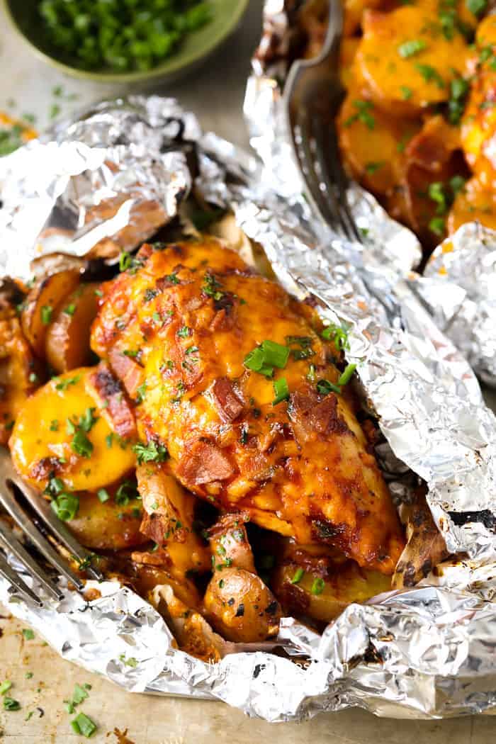 campfire barbecue chicken in foil packets