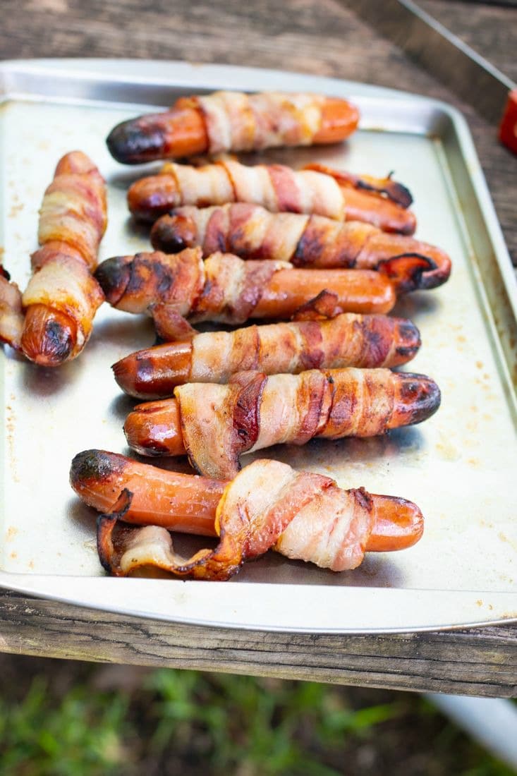 campfire bacon wrapped hot dogs