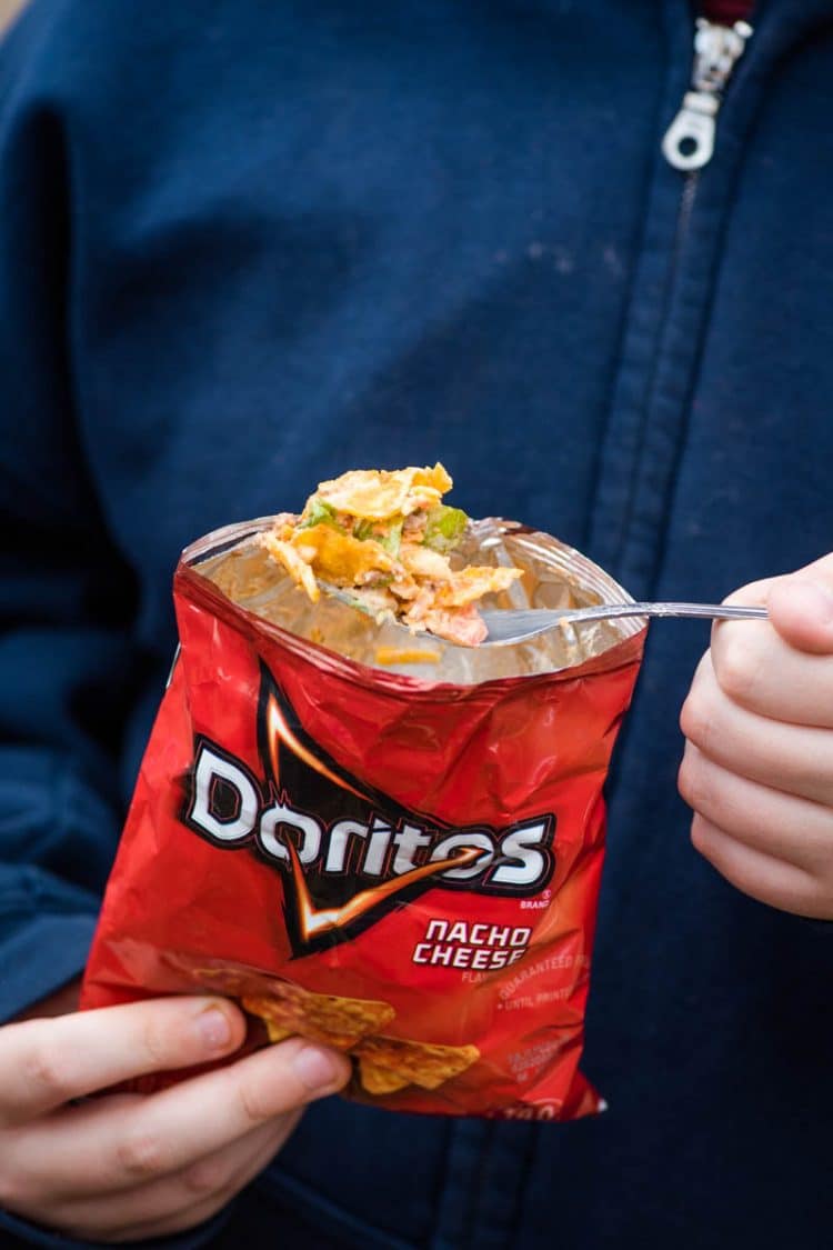 campfire walking tacos in dorito chip bag