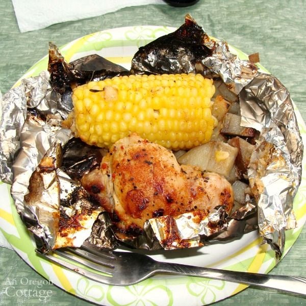camping chicken with corn in foil packet 